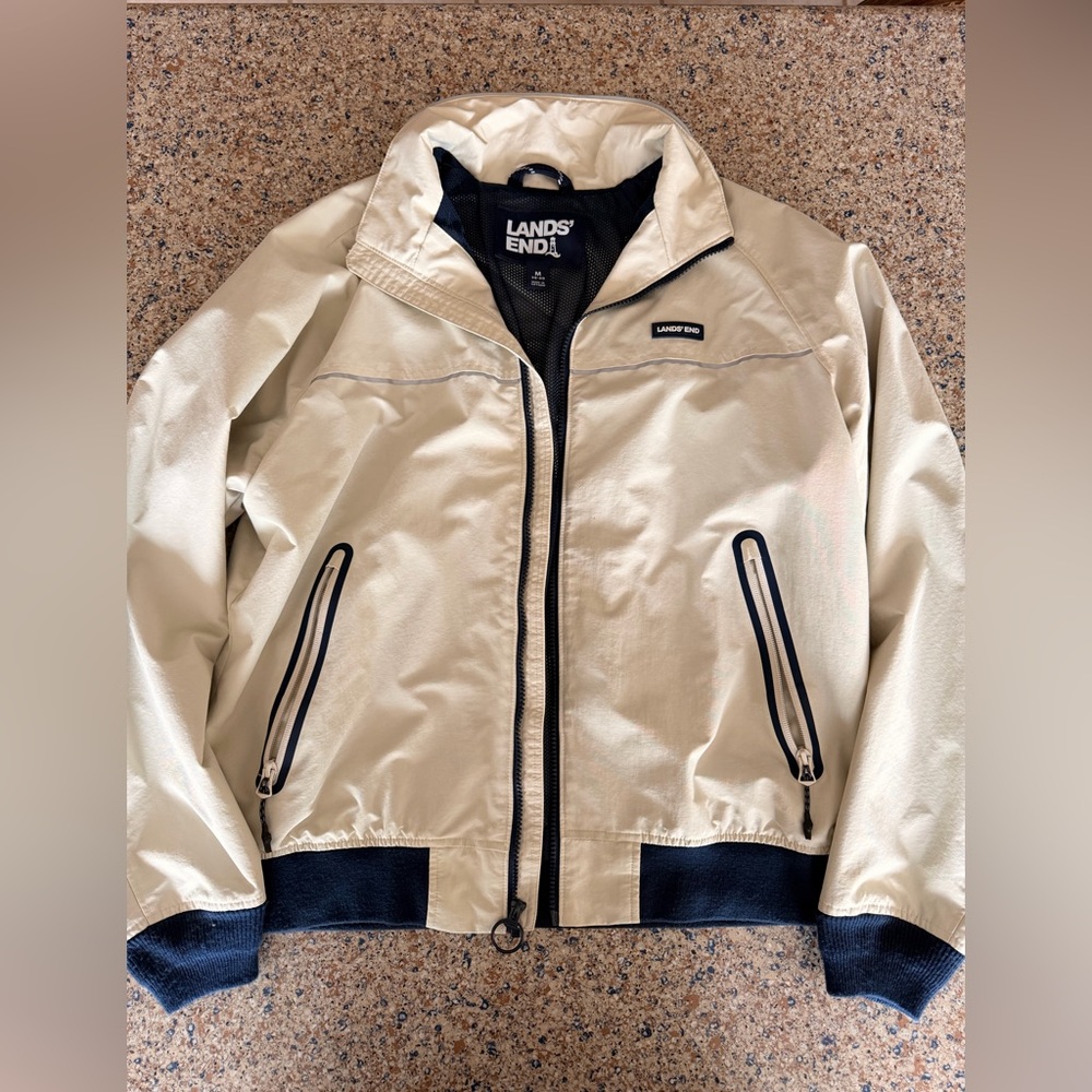 Lands' End Men's Cream Windbreaker with Navy Trim